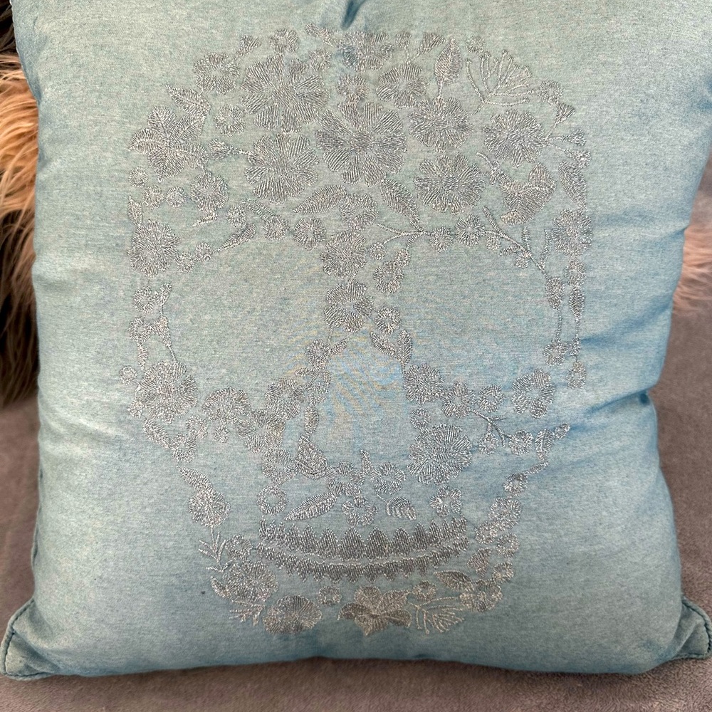 Excellent condition blue and silver embroidery skull Dormify throw pillow.